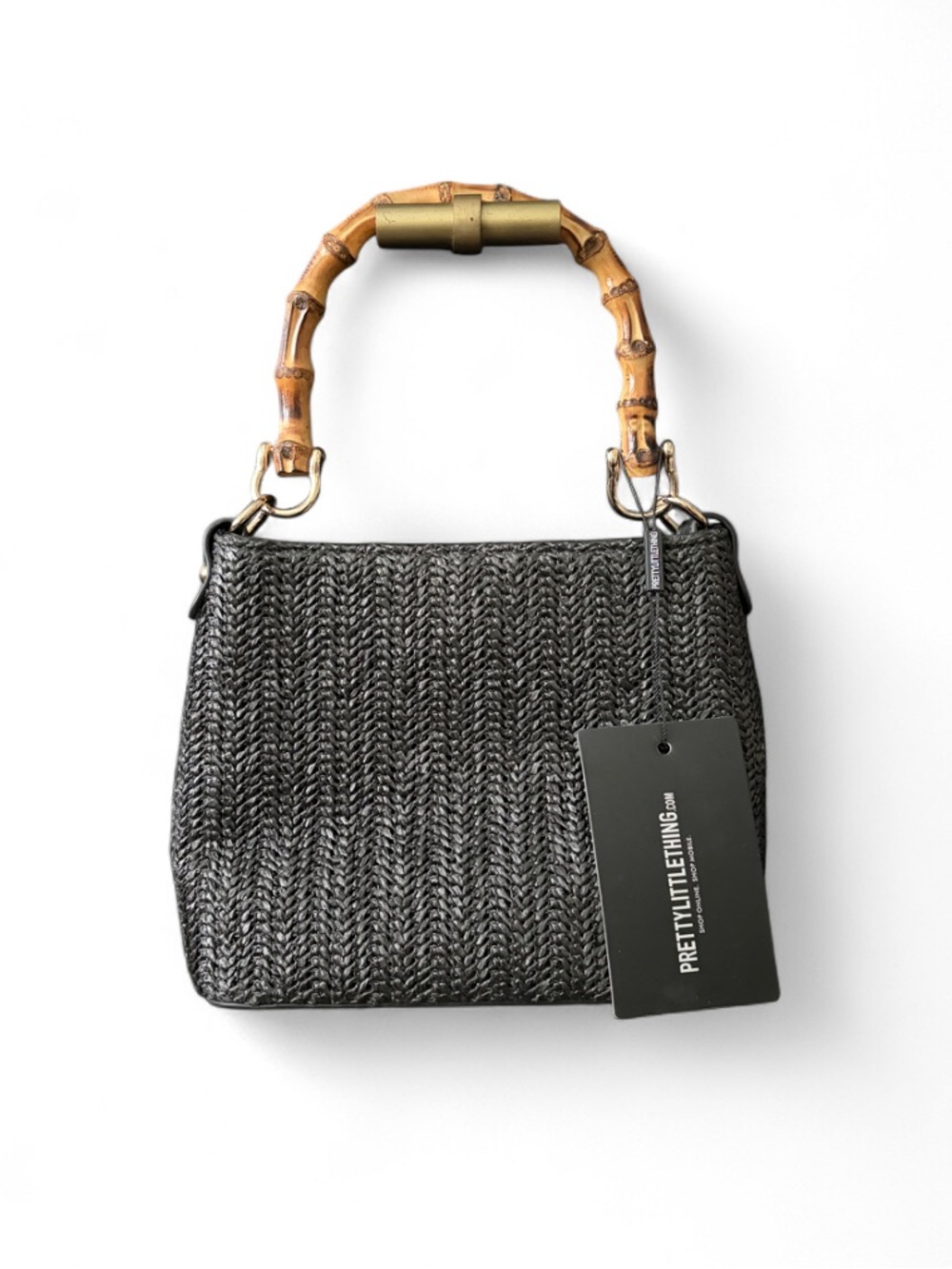 Pretty Little Thing Black Bamboo Handle Raffia Bag